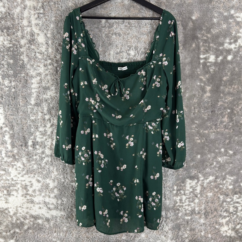 Abercrombie & Fitch Size L Floral Smocked Mini Dress Green Long Sleeve Women